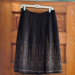 LOFT Chocolate Brown Pleated  A-Line Skirt with Intricate Embroidery